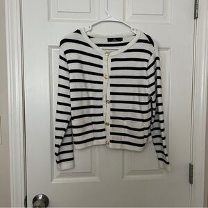 Striped Black and White Button-Up Cardigan Sweater